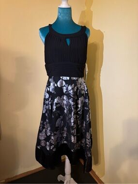 Black Floral A-Line Dress with Pleated Bodice